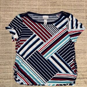 Alfred Dunner Abstract Stripe Zip Shoulder Boat Neck Top WomensPetite Large